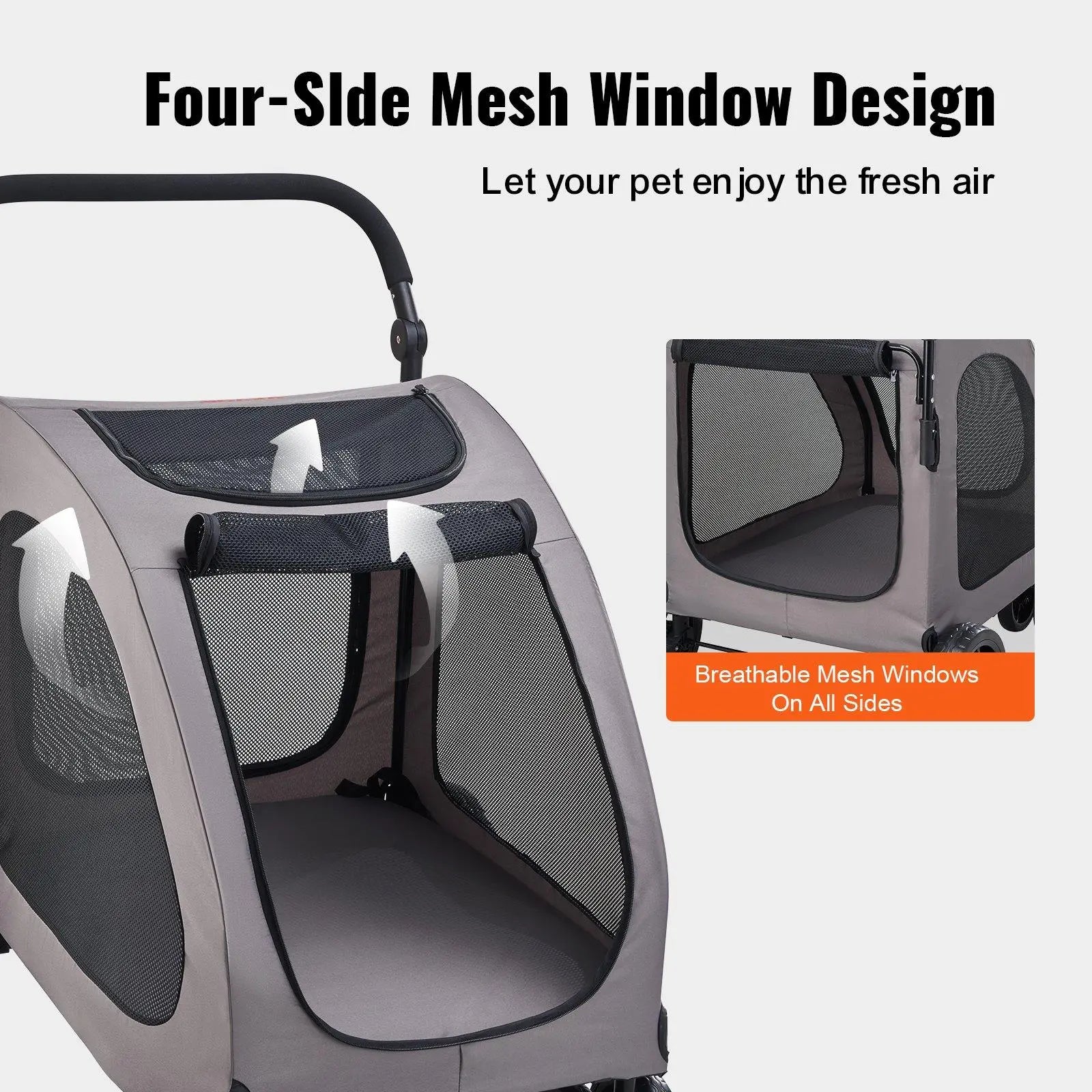 Four-sided breathable mesh windows on large pet stroller