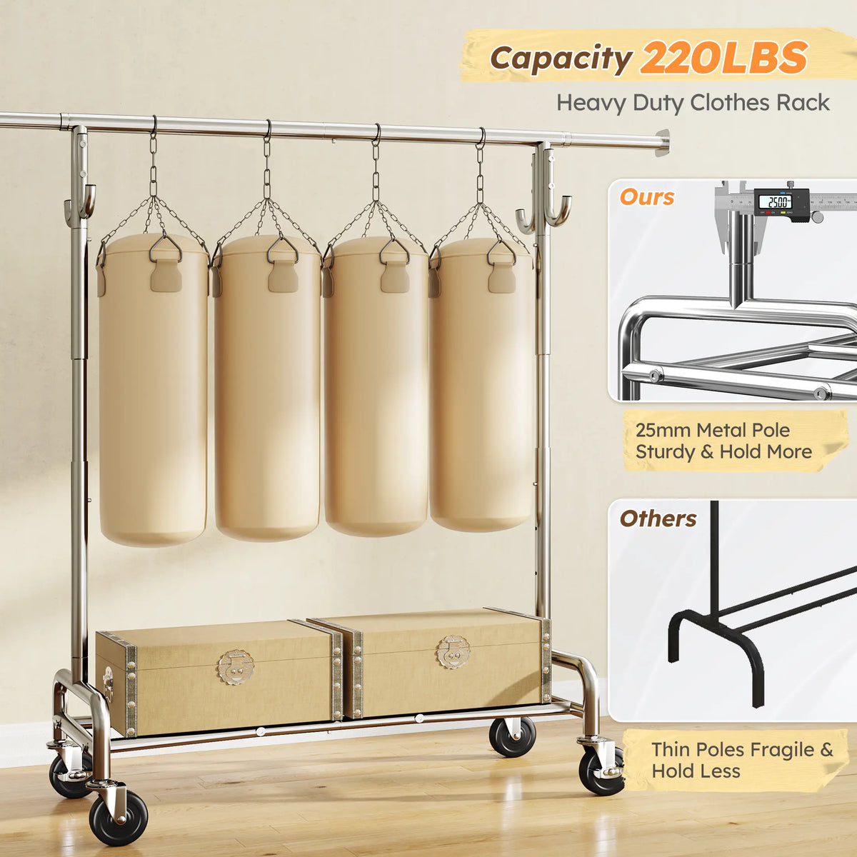 BePatio Heavy Duty Clothing Rack | 220 LBS | Adjustable & Rolling